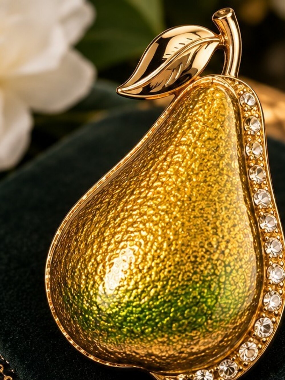 Vintage Liz Claiborne Pear Brooch Green Gold Rhinestone Figural Pin